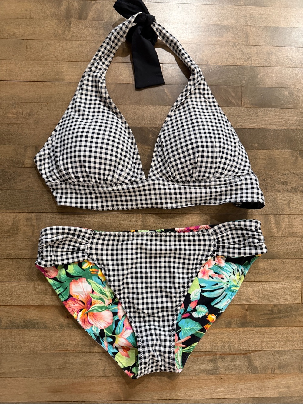 Reversible Tommy Bahama black/ White Gingham Halter Bikini with Tropical Floral